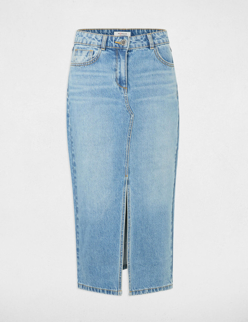 Rechte midi-jeansrok stone washed denim vrouw