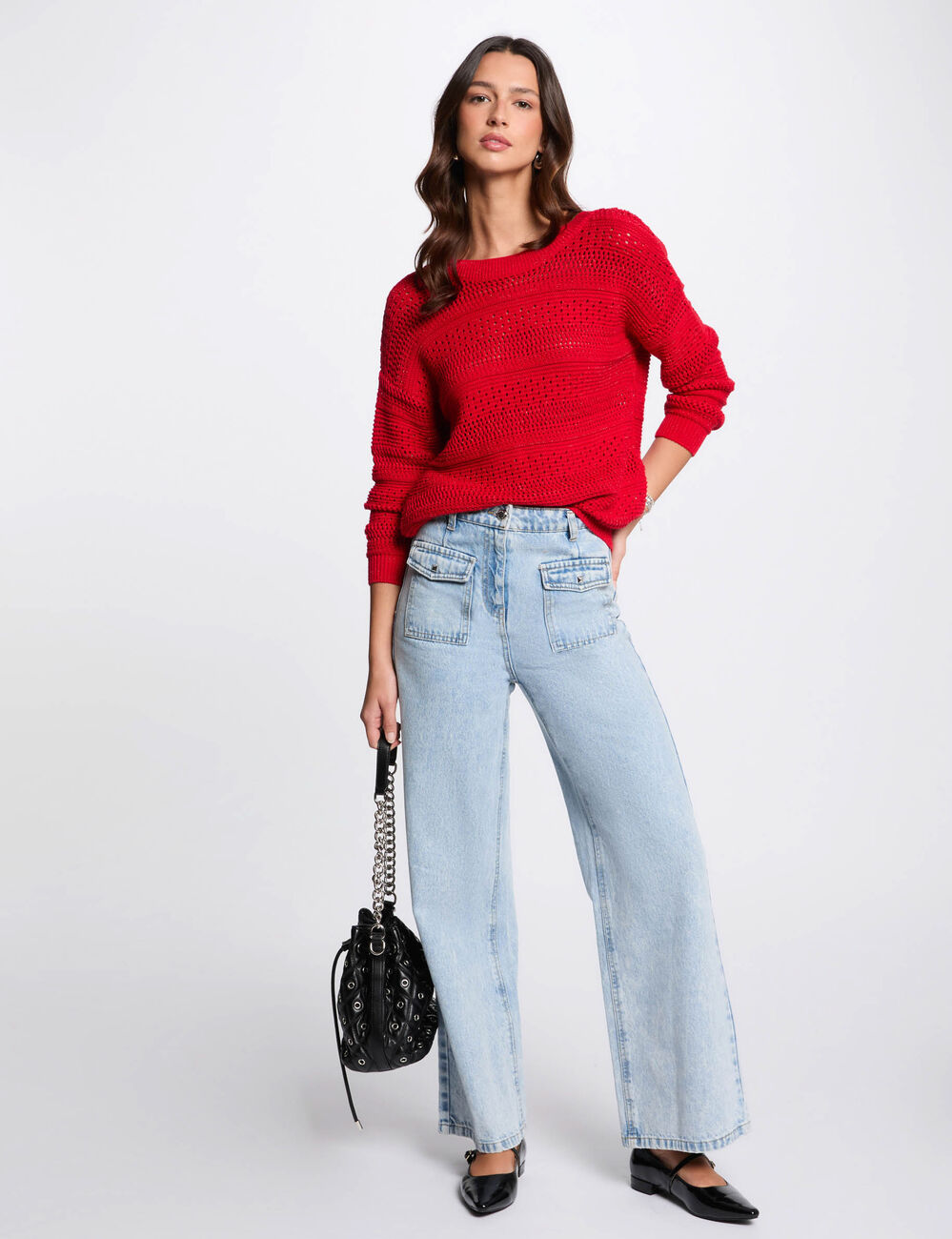 Pull manches longues ajouré rouge femme