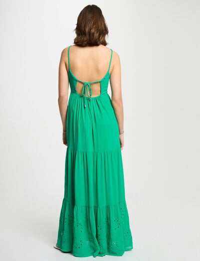 Robe longue fluide broderie vert émeraude femme