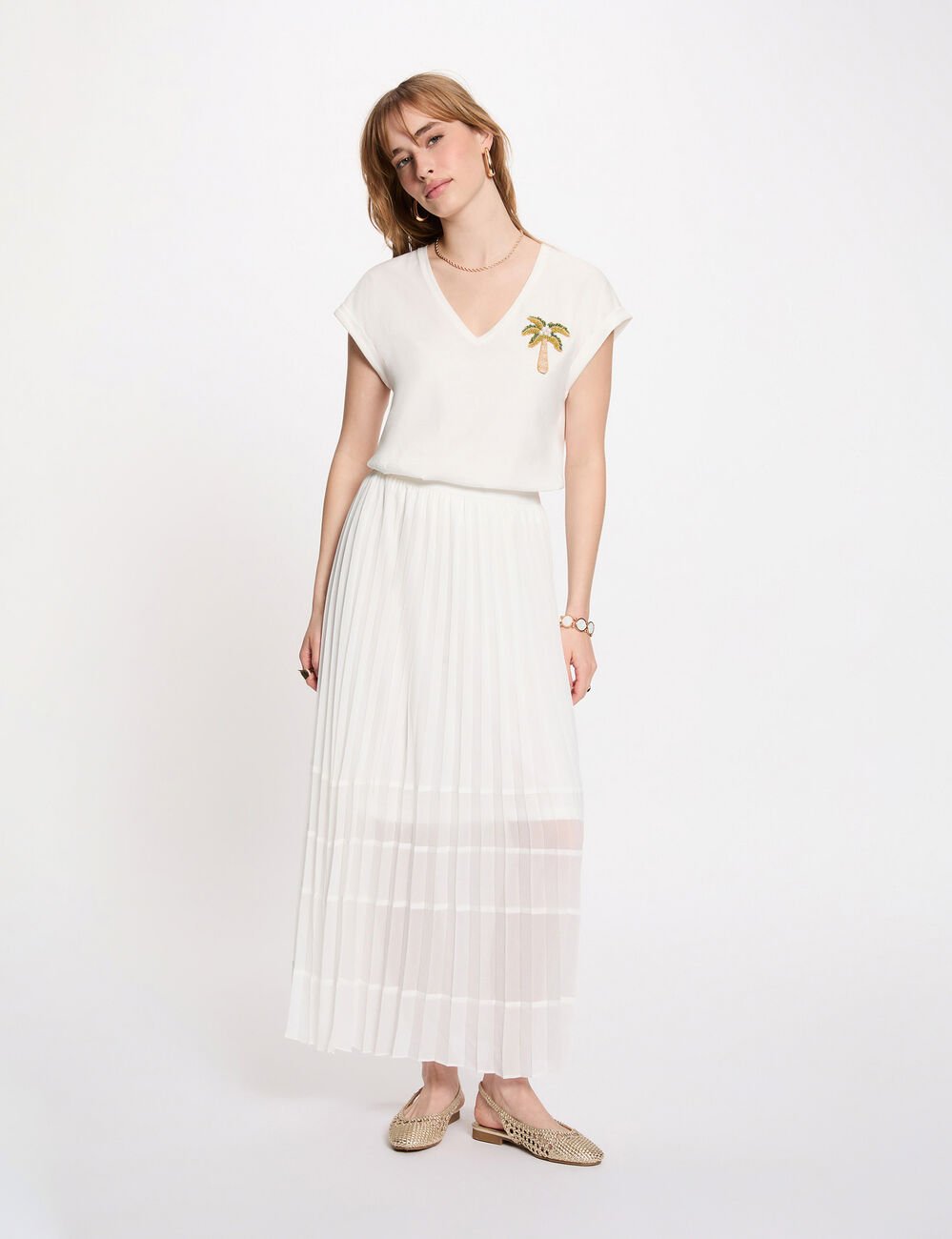 T-shirt col v manches courtes blanc femme