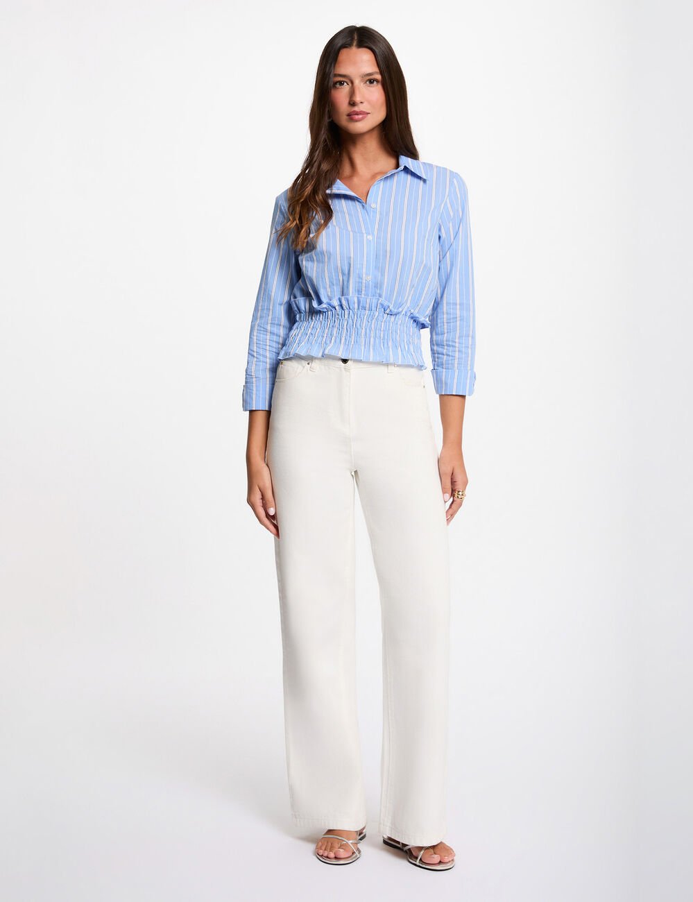 Chemise ray&eacute;e cropped bleu ciel femme