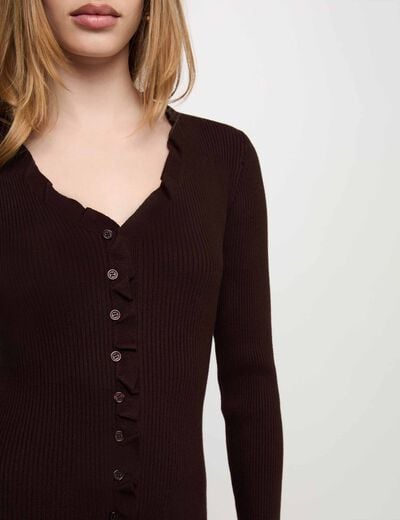 Robe tricot longue col v marron fonc&eacute; femme