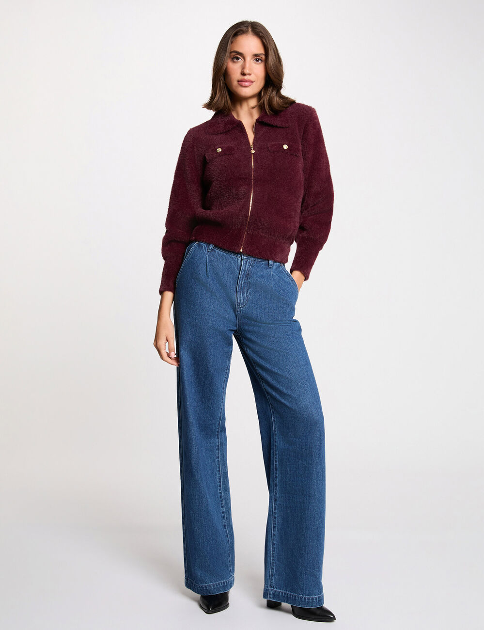 Gilet manches longues col à revers prune femme