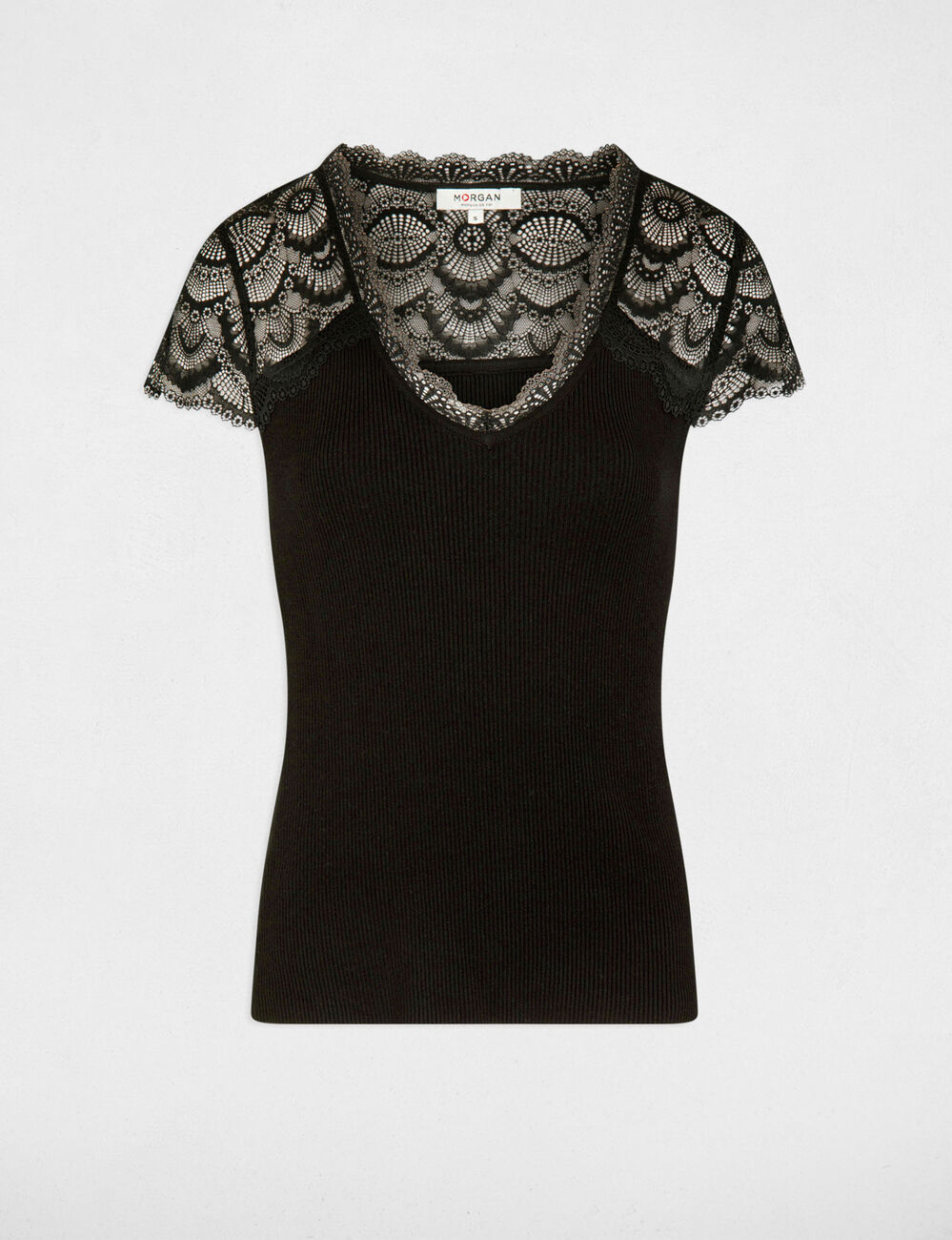 Pull manches courtes dentelle noir femme