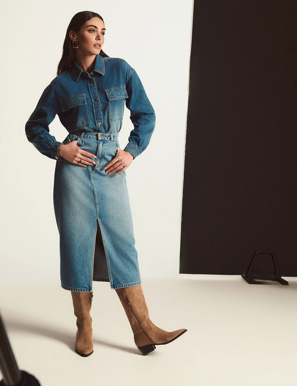 Rechte midi-jeansrok stone washed denim vrouw