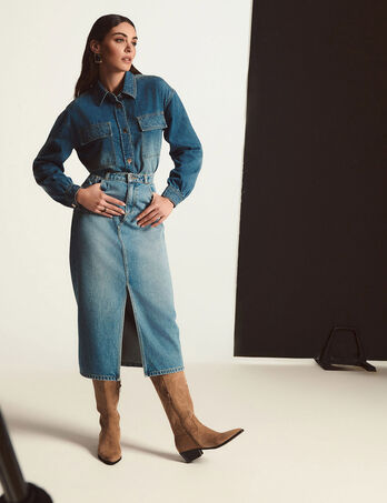 Rechte midi-jeansrok stone washed denim vrouw