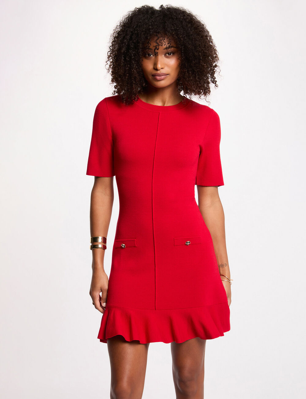 Robe tricot courte cintr&eacute;e rouge femme