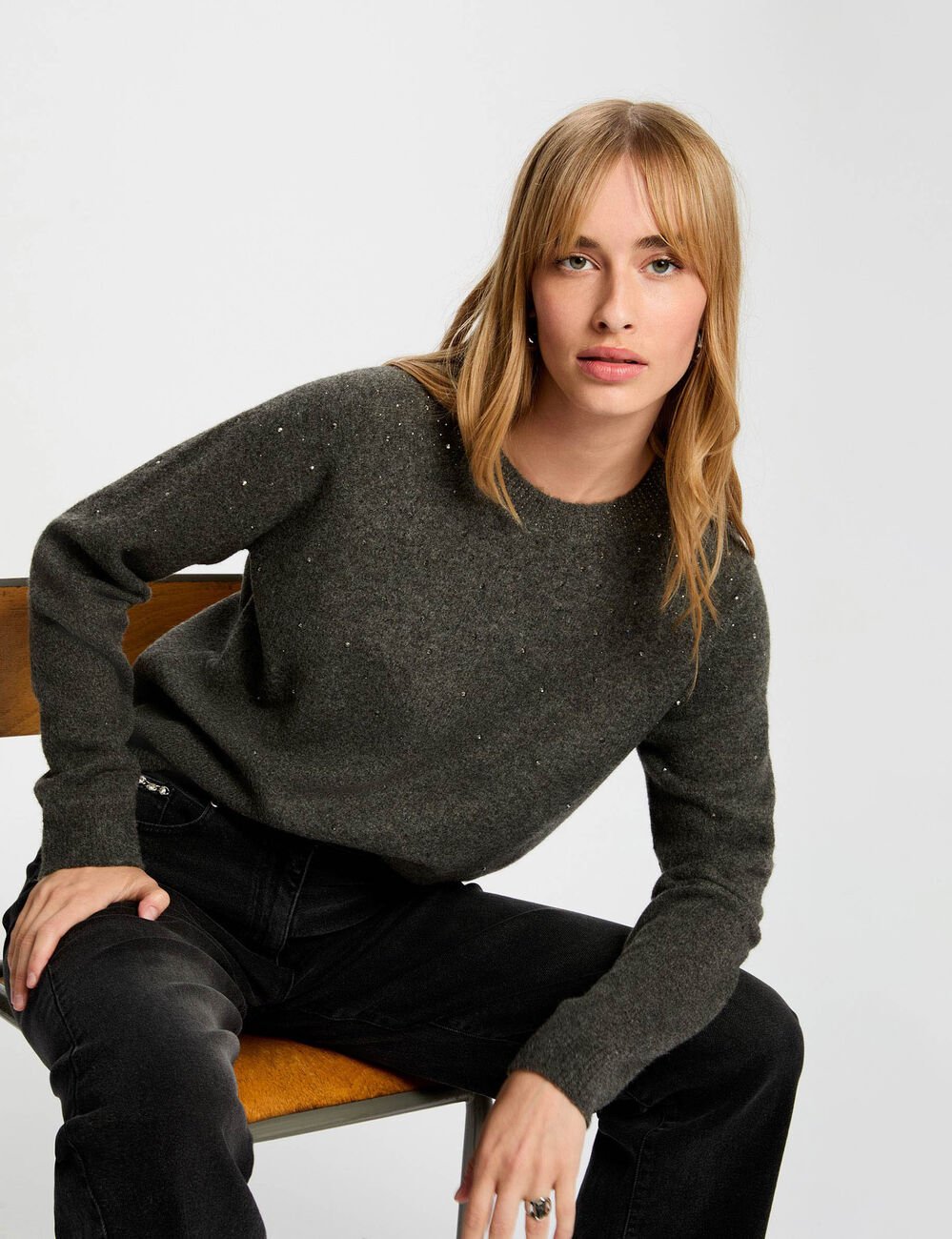 Getailleerde trui met strass donkergrijs vrouw