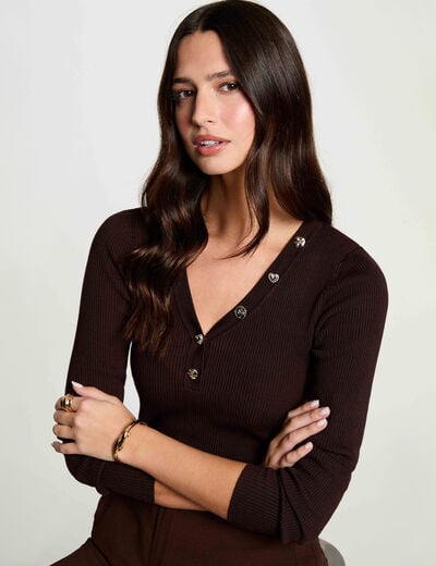 Pull col v fantaisie marron fonc&eacute; femme