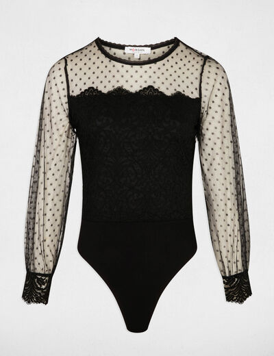 Body dentelle manches longues noir femme