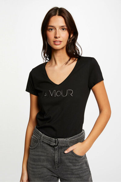 T-shirt met korte mouwen en letters zwart vrouw