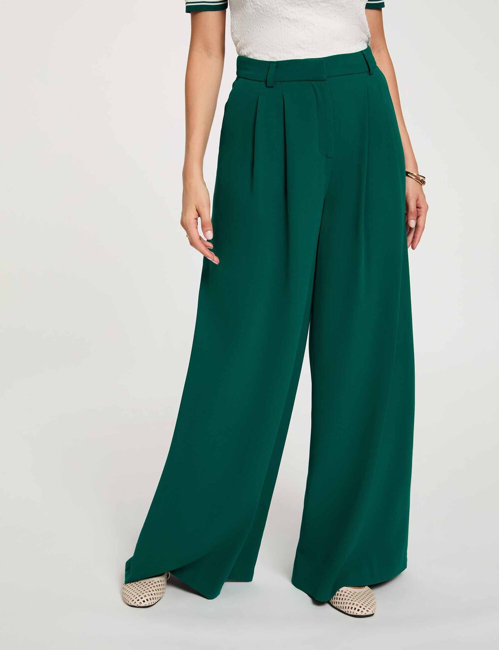 Pantalon large taille haute vert femme