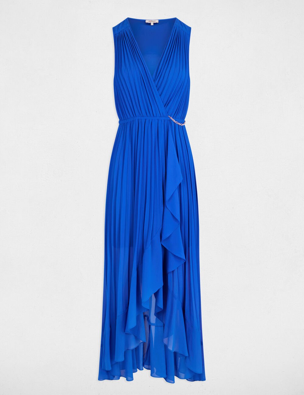 Robe longue fluide pliss&eacute;e bleu electrique femme