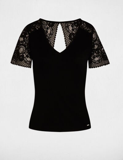 T-shirt dentelle col v noir femme