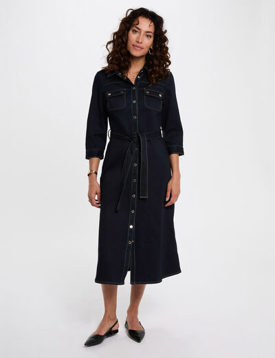 3/4 jurk met knopen ruw denim vrouw