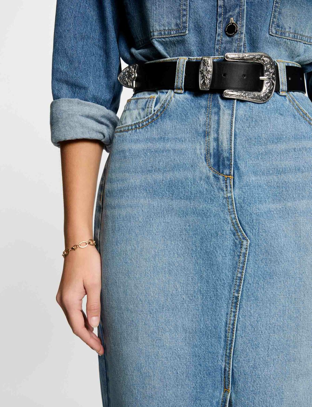 Rechte midi-jeansrok stone washed denim vrouw