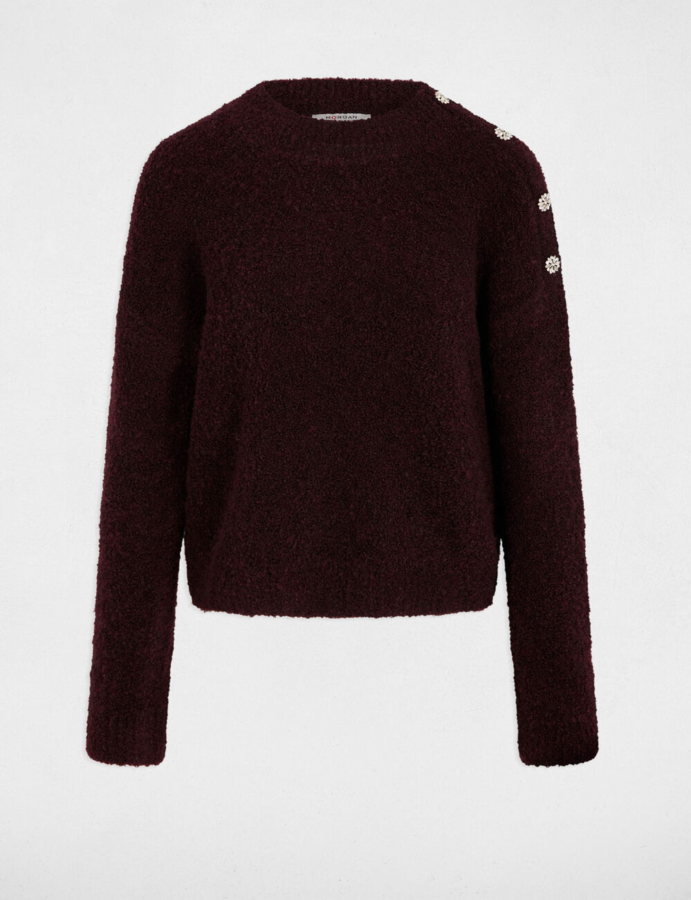 Pull col montant et boutons prune femme