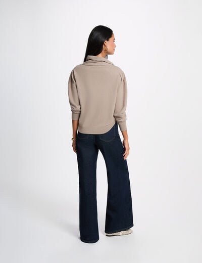 Pull col montant manches bouffantes taupe femme