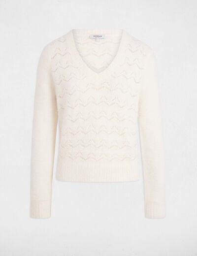 Pull col en V ivoire femme
