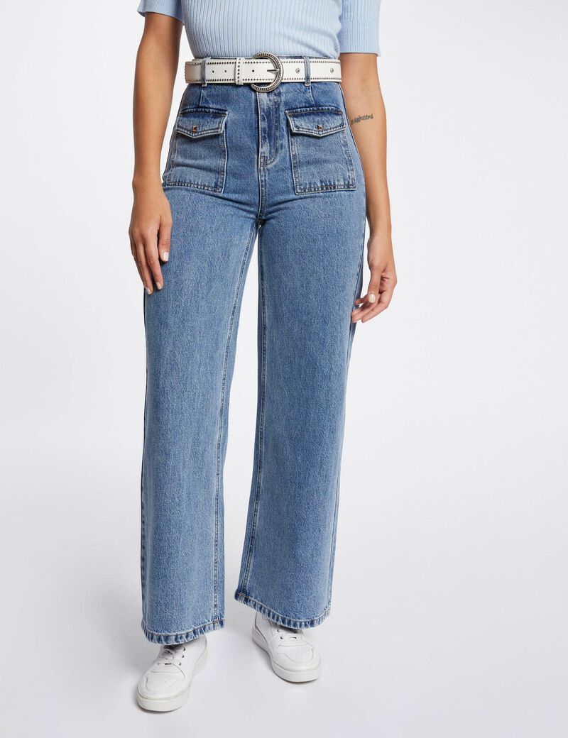 Wijde 7/8 jeans met hoge taille dubbel stone washed denim vrouw