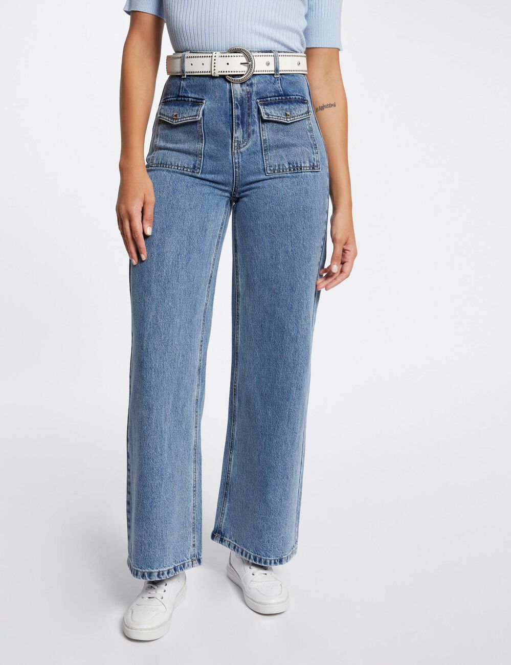 Wijde 7/8 jeans met hoge taille dubbel stone washed denim vrouw