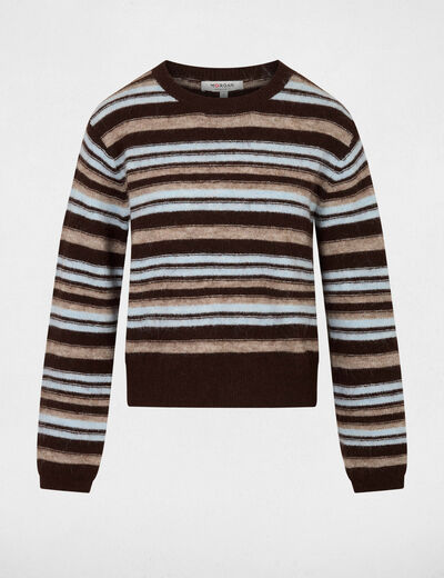 Pull ray&eacute; col rond beige femme