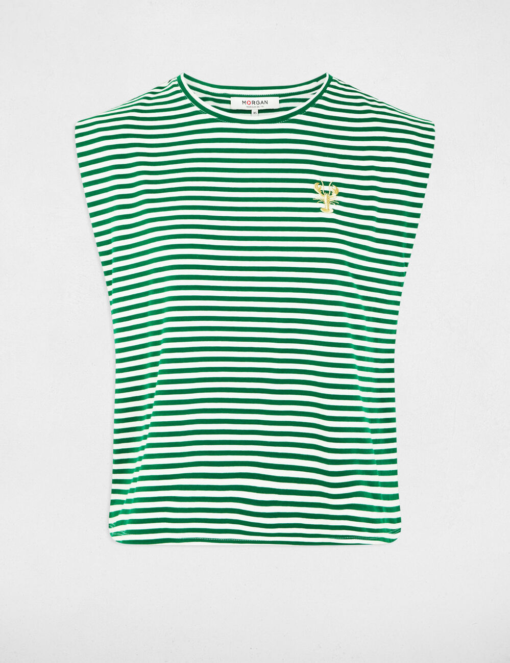 Gestreept geborduurd T-shirt weide groen vrouw