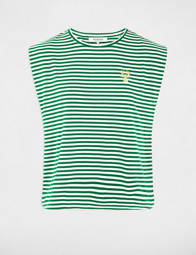 Gestreept geborduurd T-shirt weide groen vrouw