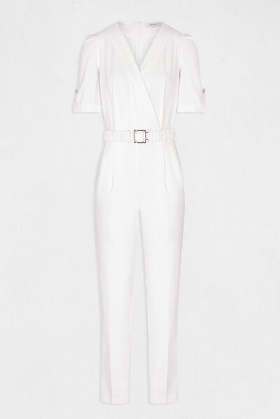 Rechte jumpsuit met riem ecru vrouw