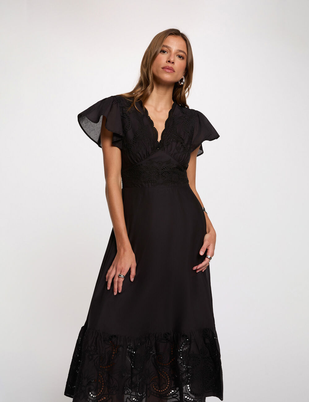 Robe longue broderie noir femme