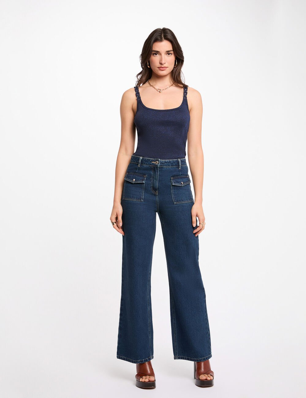 T-shirt cintr&eacute; col rond bleu marine femme