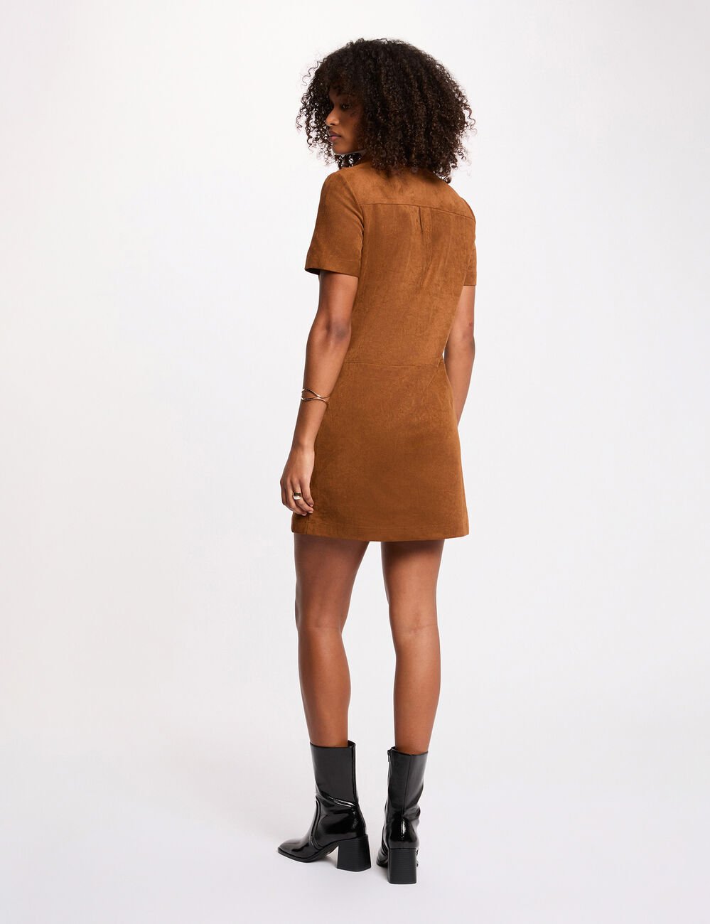 Robe courte cache-coeur marron cognac femme
