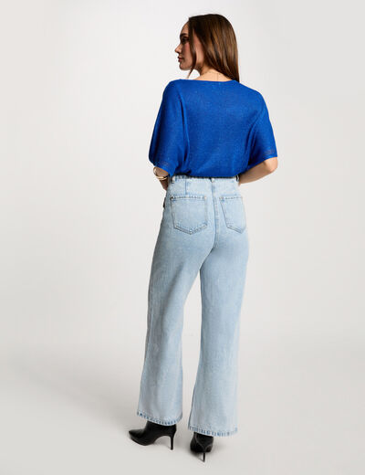 Pull col en V manches courtes bleu electrique femme