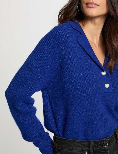 Pull court col à revers bleu pétrole femme