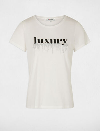 T-shirt met korte mouwen en letters ecru vrouw