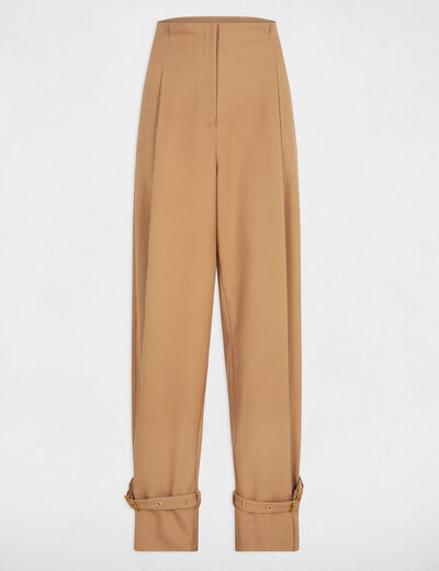 Pantalon large taille haute camel femme