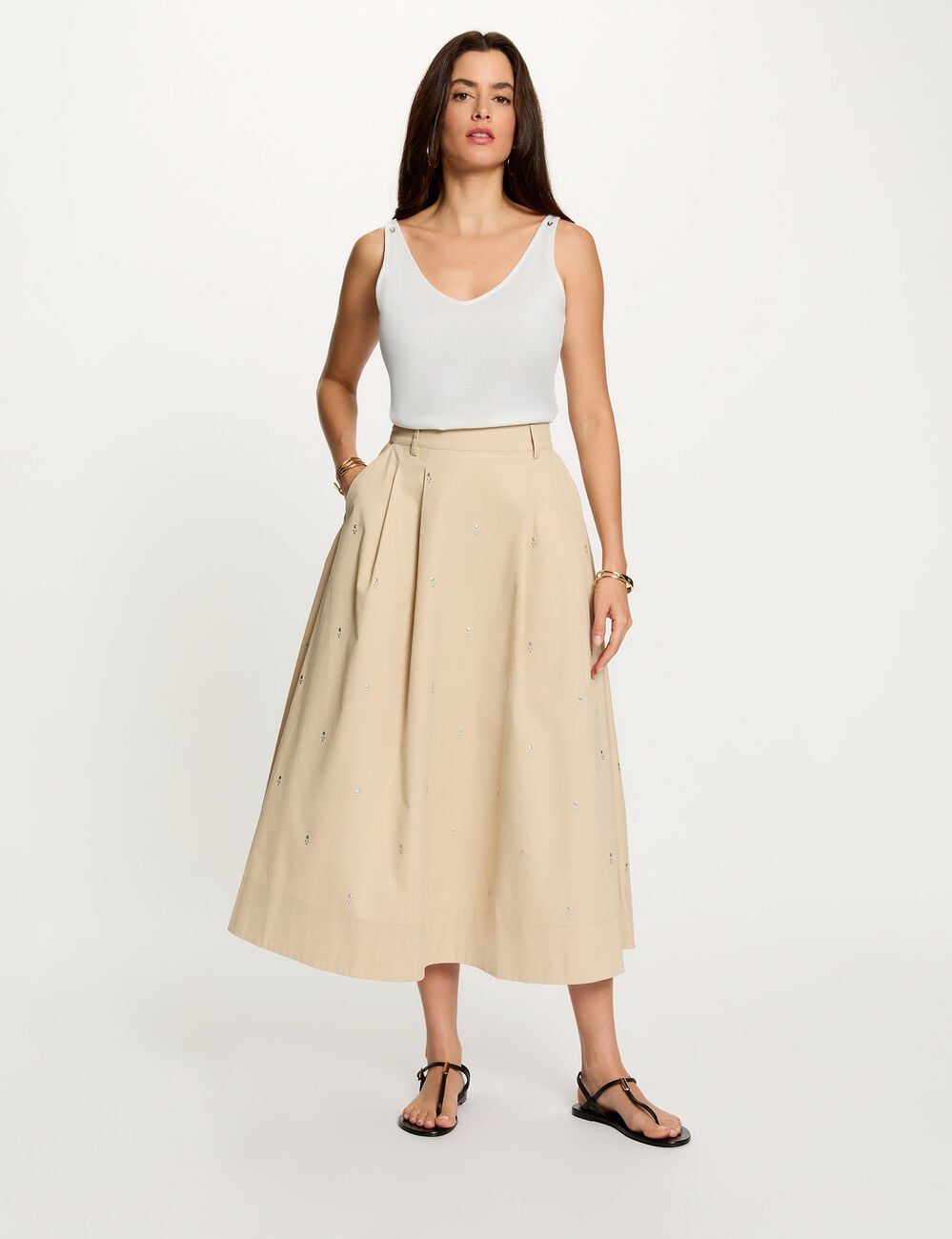 Glanzende V-hals tanktop helder wit vrouw