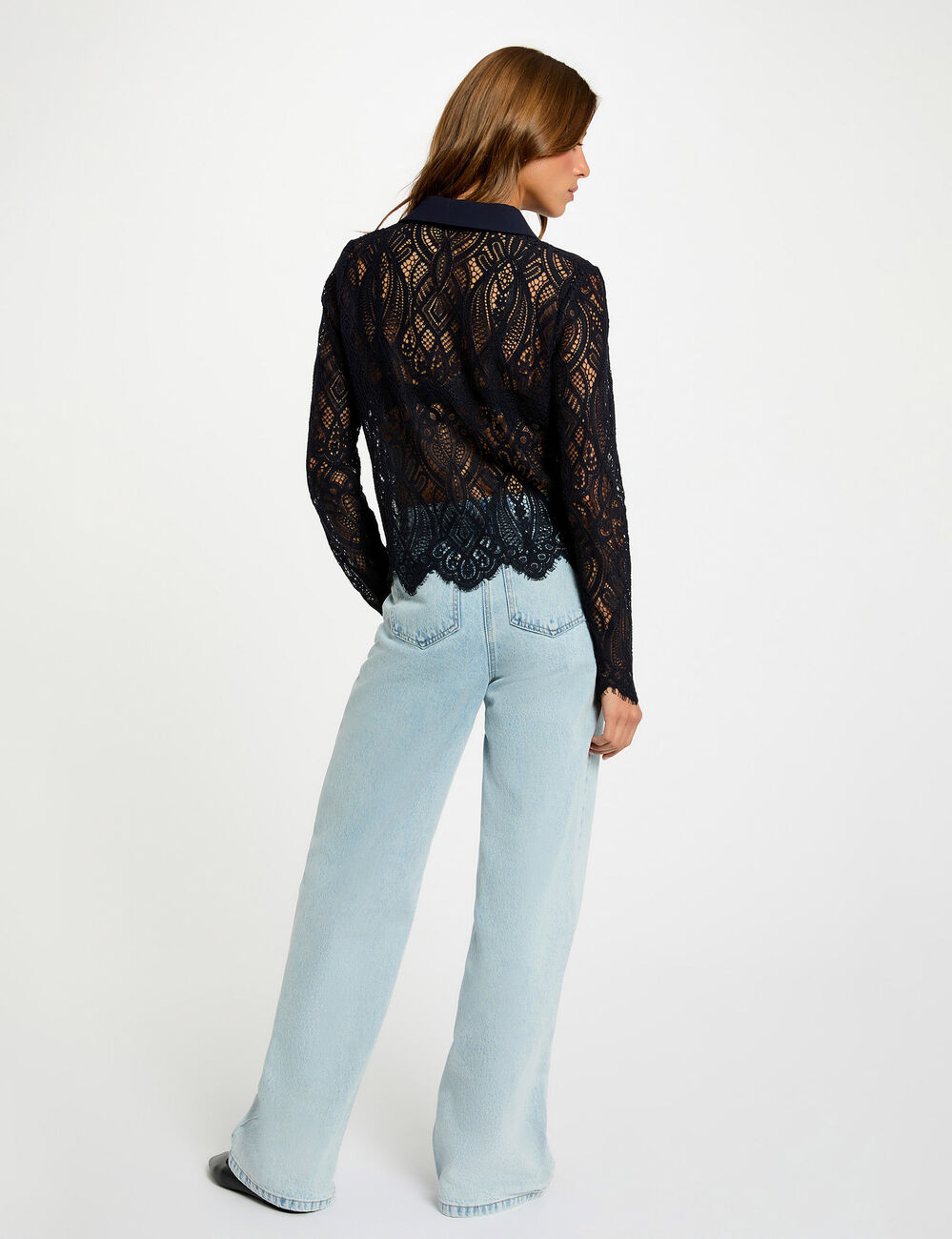 Korte kanten blouse marineblauw vrouw