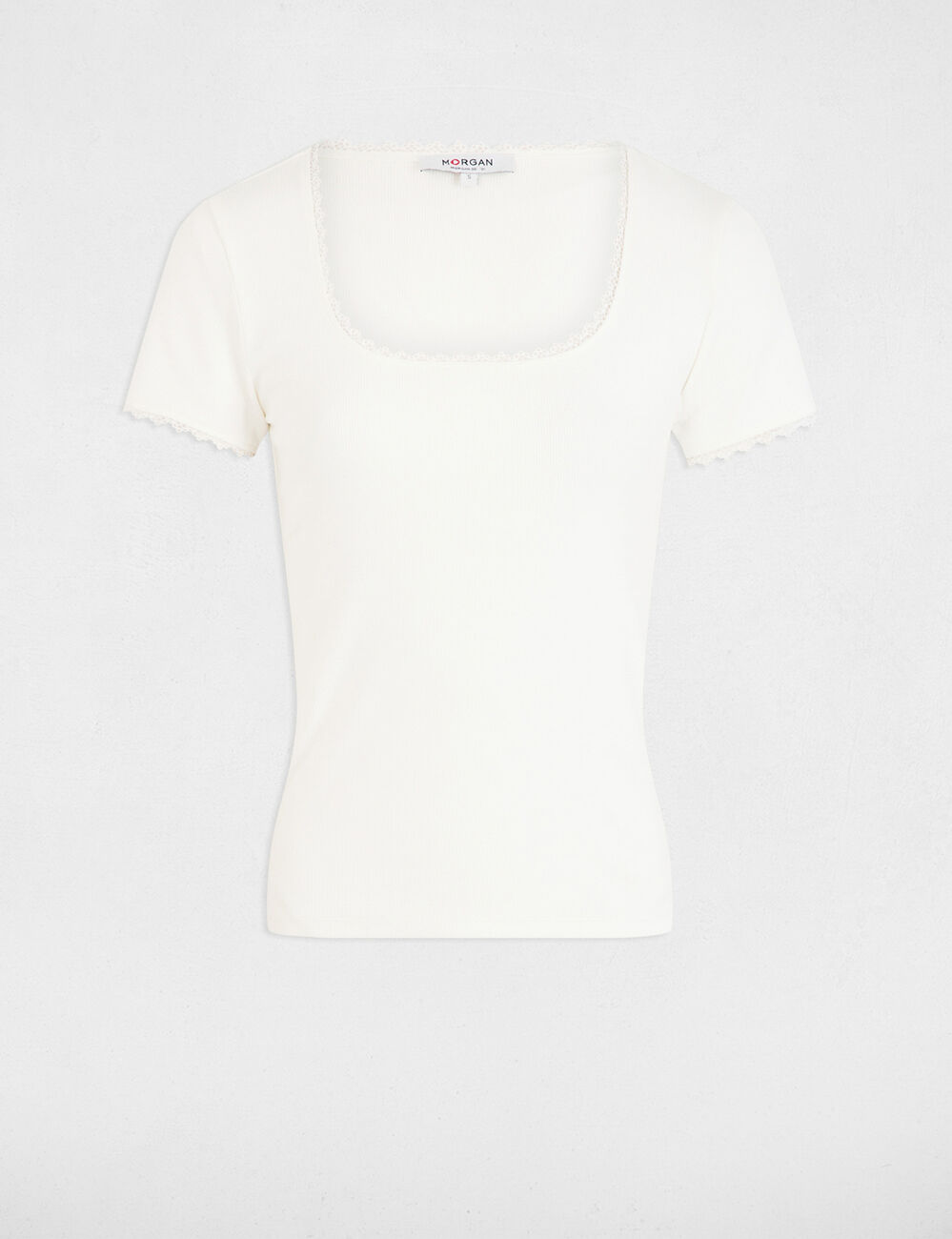 T-shirt korte geribbelde mouwen ivoor vrouw