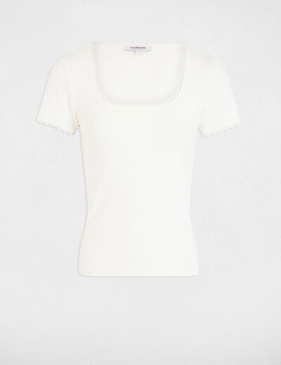 T-shirt korte geribbelde mouwen ivoor vrouw