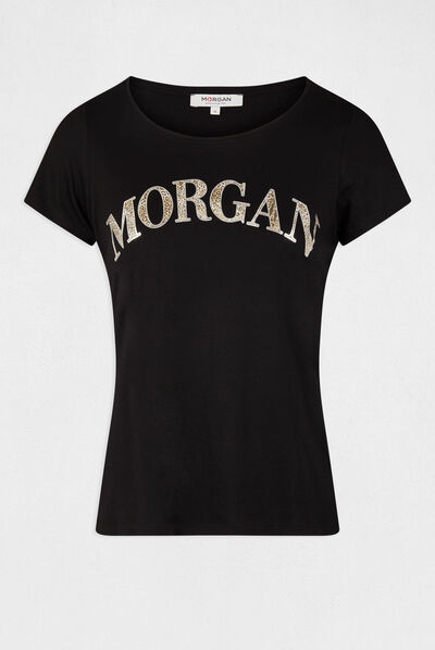 T-shirt met korte mouwen en opschrift zwart vrouw
