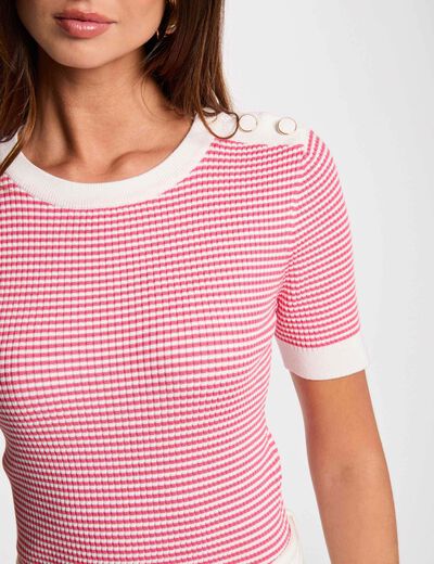 Gestreepte trui met ronde hals fuchsia roze vrouw