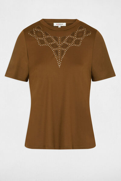 T-shirt met korte mouwen en strassstenen brons vrouw