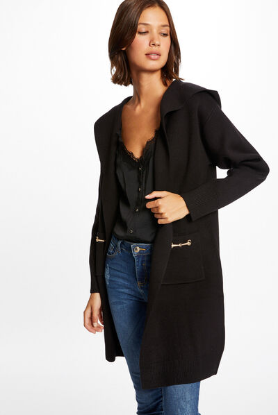 Gilet long à capuche et détails chaînes noir femme