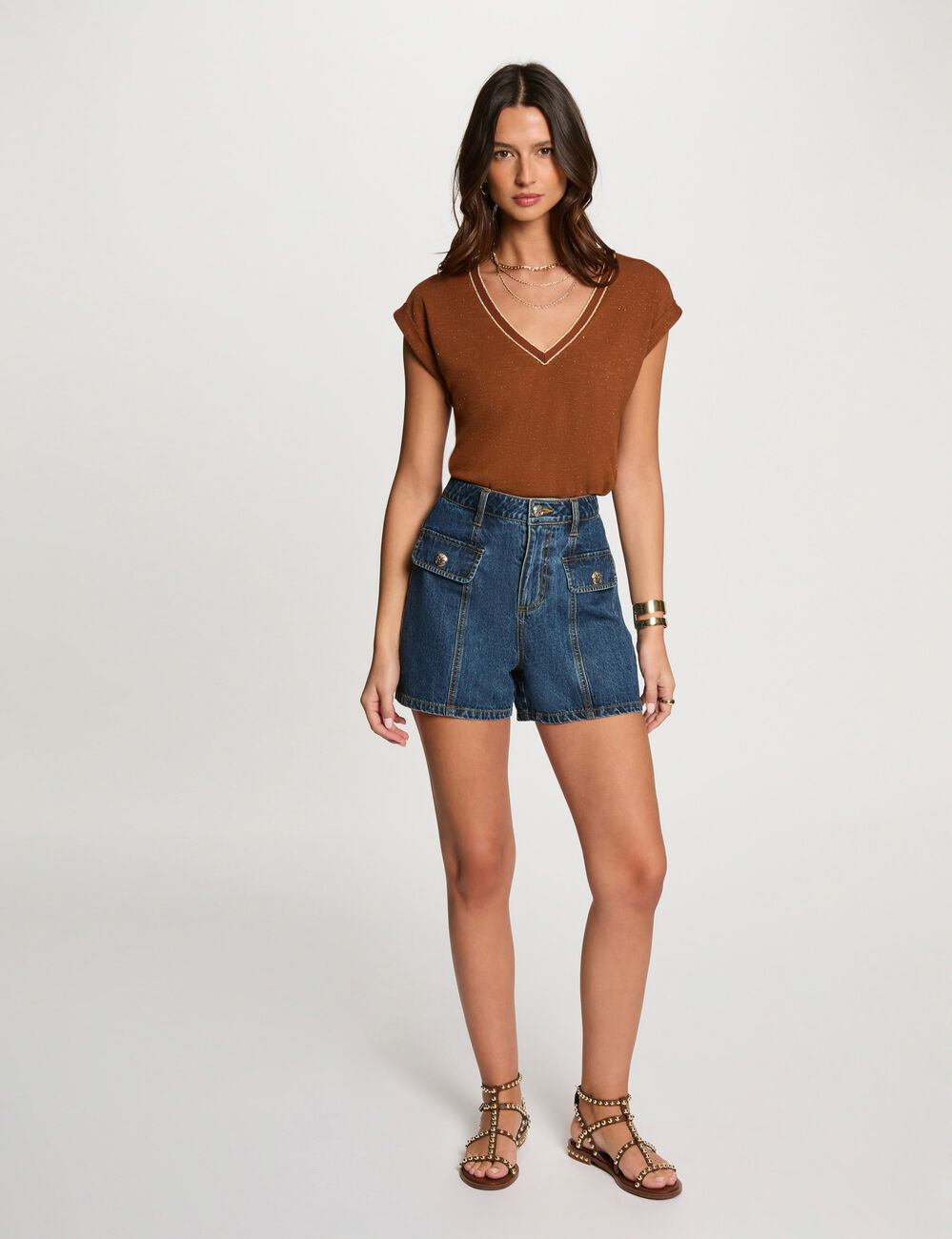 T-shirt met korte mouwen cognacbruin vrouw