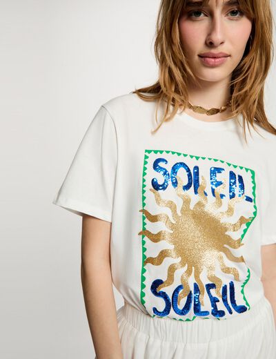 T-shirt col rond &agrave; motif blanc femme