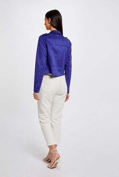 Suede-achtige rechte jas blauw medium vrouw