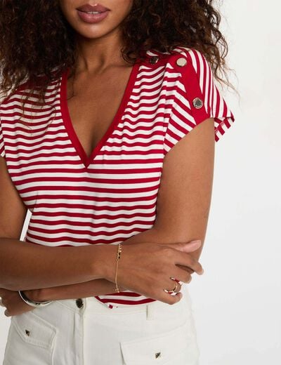 Gestreept V-hals T-shirt helder wit vrouw