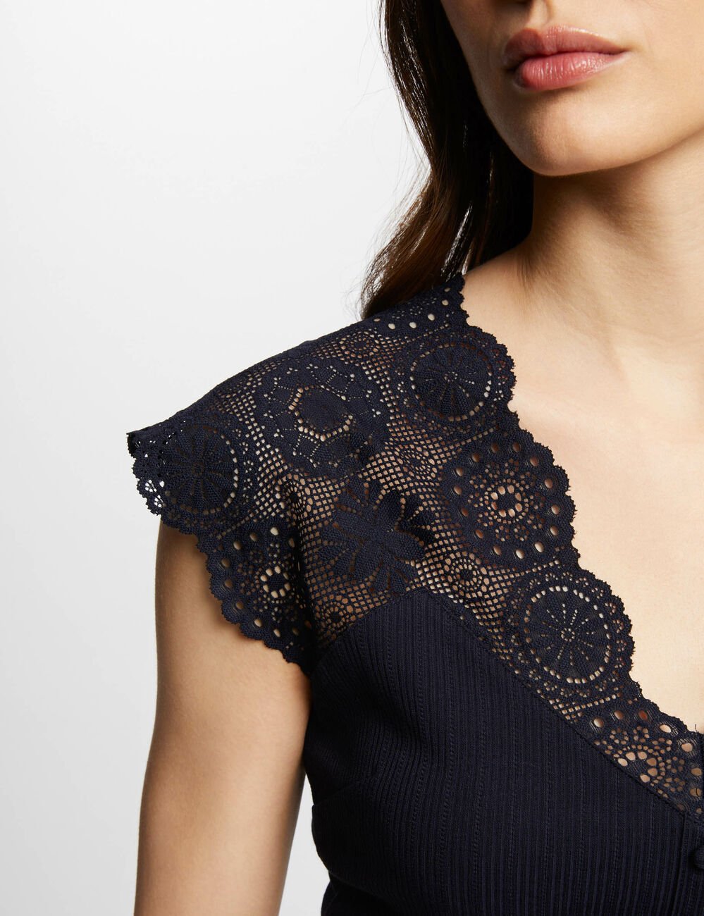 T-shirt manches courtes c&ocirc;tel&eacute; marine femme