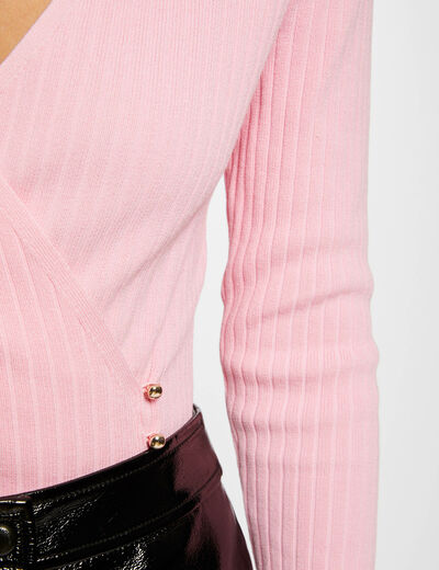Pull manches longues col cache-coeur rose moyen femme